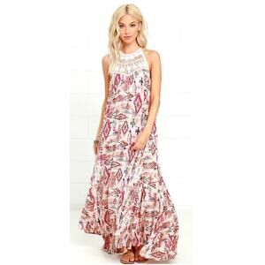 Billabong Beige Shine On Geo Print Low Back Breezy Crochet Halter Maxi Dress Med